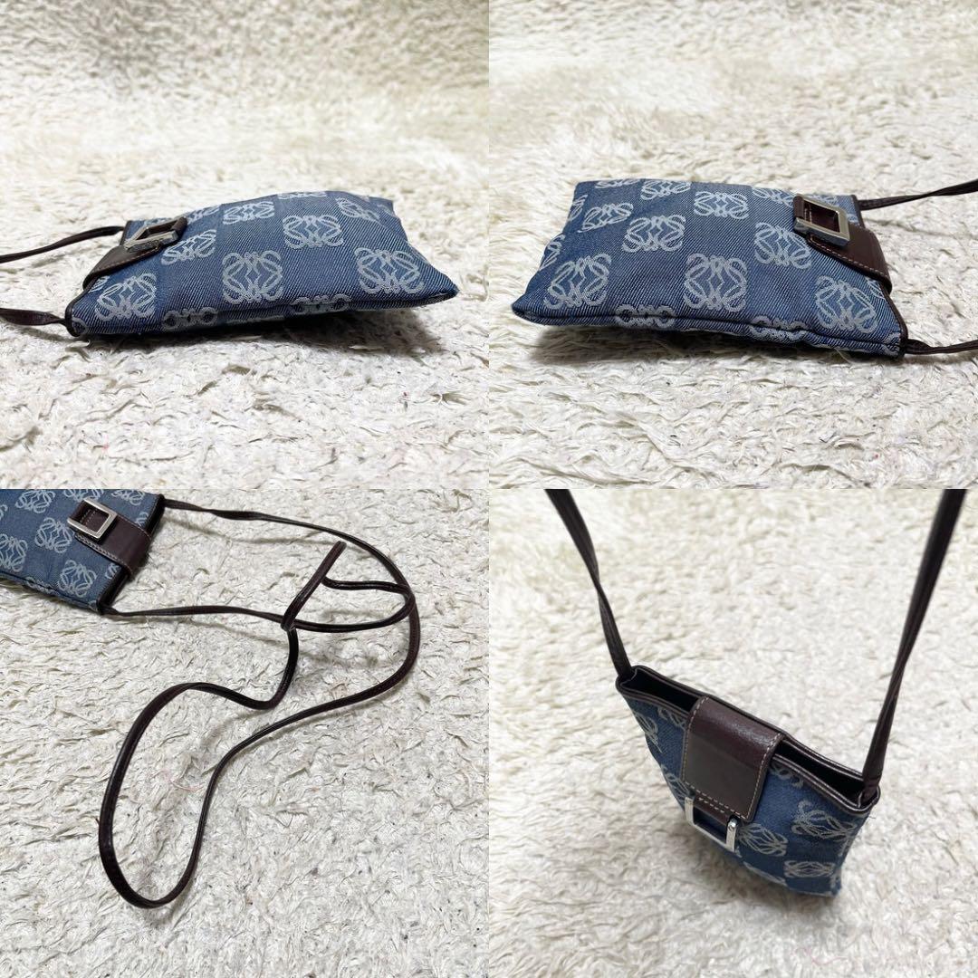 ロエベ　ショルダーバッグ　リピート　アナグラム　デニムキャンバス　レザー　青　茶