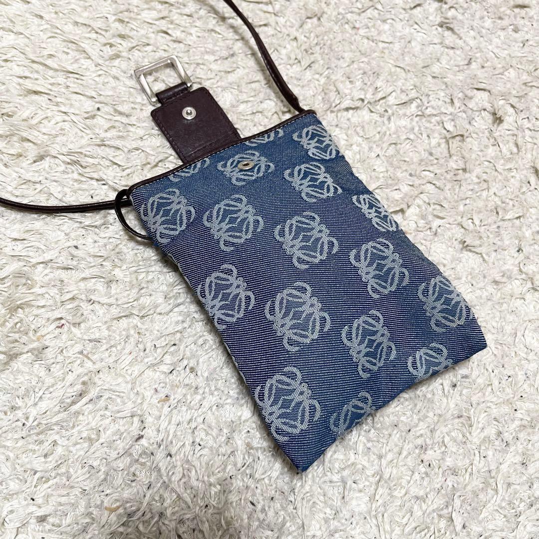 ロエベ　ショルダーバッグ　リピート　アナグラム　デニムキャンバス　レザー　青　茶