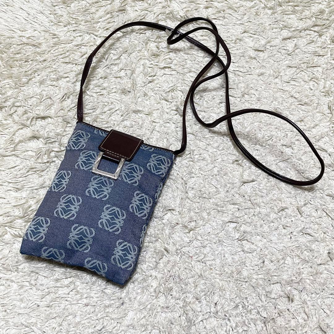 ロエベ　ショルダーバッグ　リピート　アナグラム　デニムキャンバス　レザー　青　茶