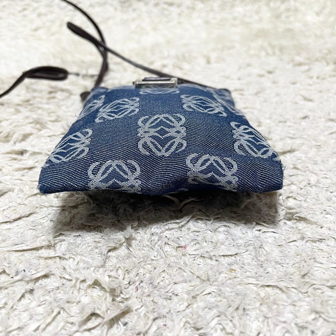 ロエベ　ショルダーバッグ　リピート　アナグラム　デニムキャンバス　レザー　青　茶