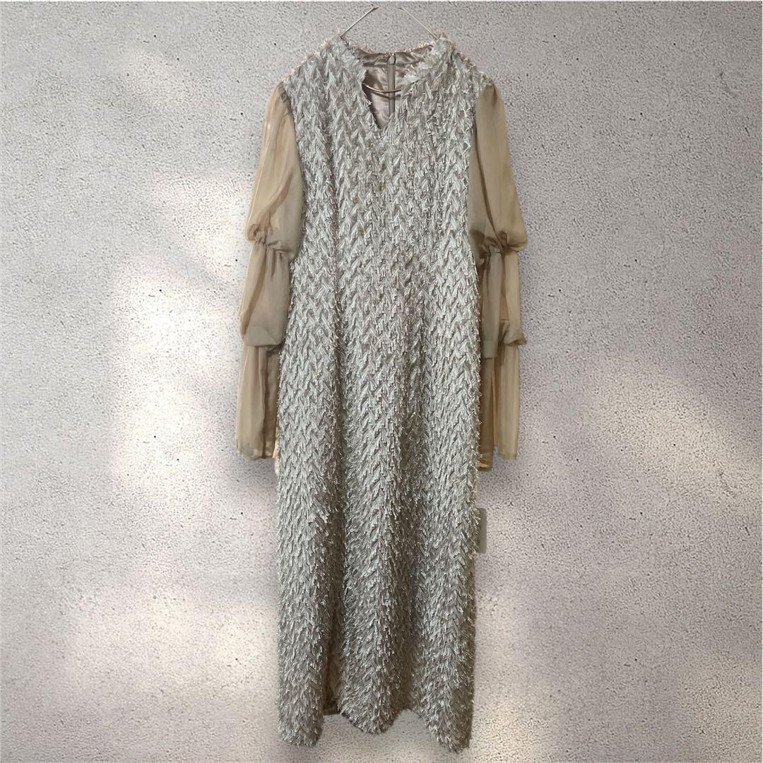 【新品未使用】デザインスリーブシャギードレス 結婚式お呼ばれオケージョンドレス