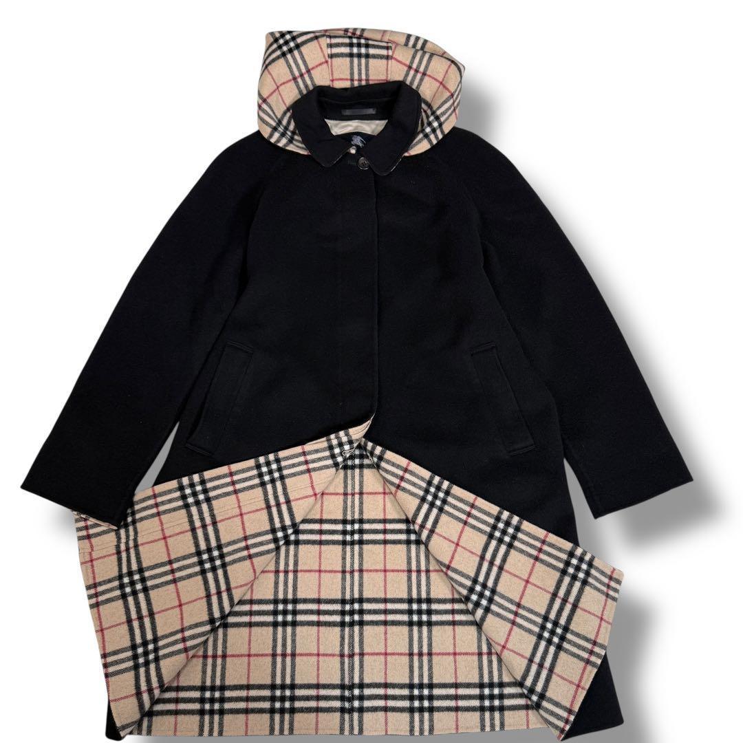 極美品 バーバリーロンドン カシミヤ混 ノバチェック 2way ロングコート 黒