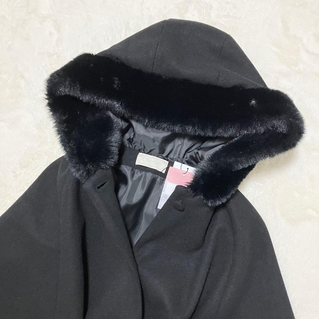 新品同様 タグ付 CHERI MI ファー ケープコート 黒　ポンチョ Free