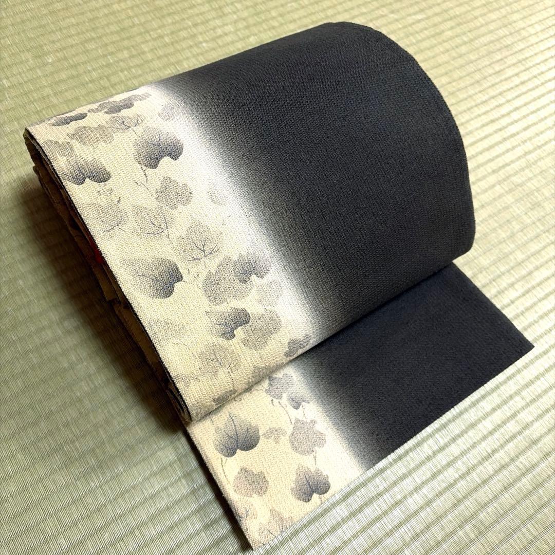 Aなるなるページ　正絹　西陣織　紬　全通袋帯《ツートンカラー葉模様》
