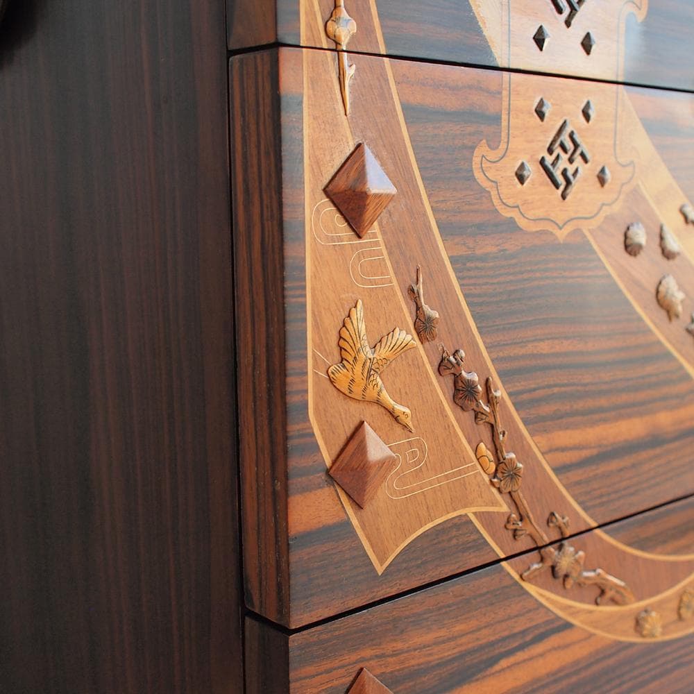 木象嵌 唐木無垢材 3段チェスト 鍵無 寄木