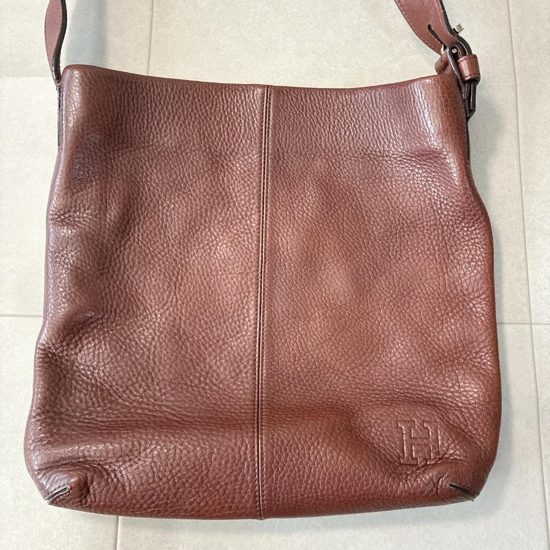 美品 ヒロフ♡レザー ショルダーバッグ 型押しHロゴ シボ革 ブラウン 保存袋付