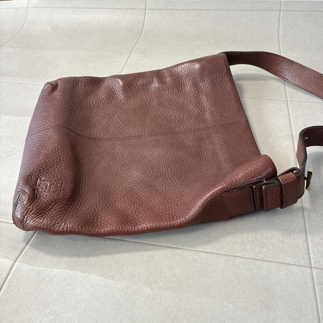 美品 ヒロフ♡レザー ショルダーバッグ 型押しHロゴ シボ革 ブラウン 保存袋付