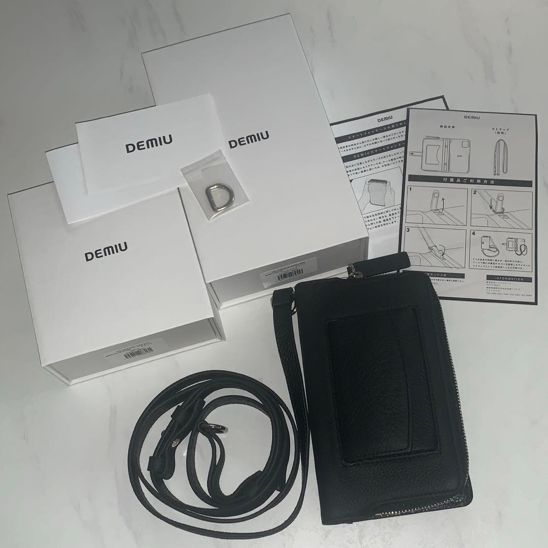 デミュウDEMIU スマホケース 手帳型ブラック マルチ専用ストラップ付き本革