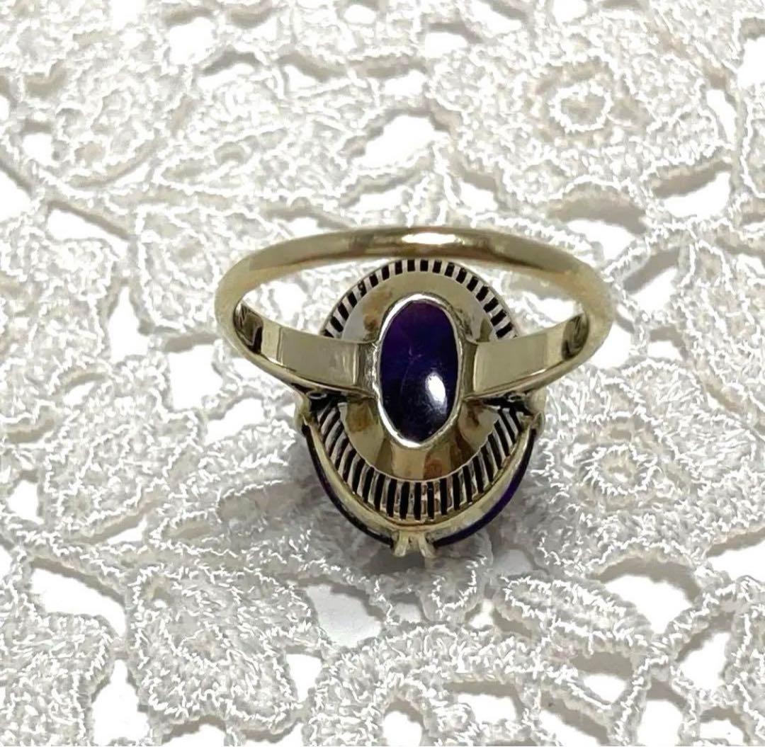 k14WG アメジストカボション リング 千本透かし レトロ