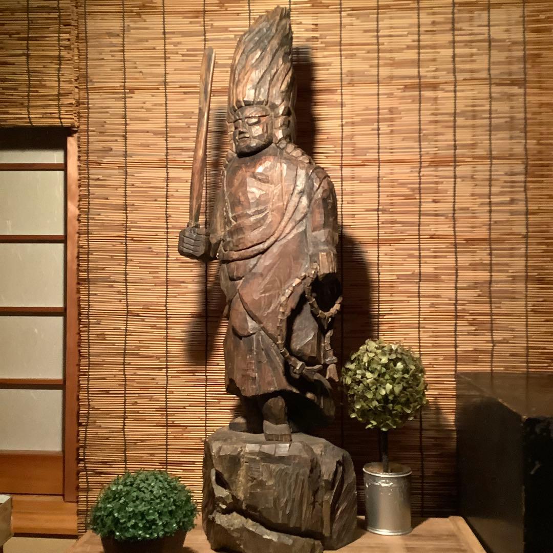 江戸期・密教護法善神「憤怒・炎髪不動明王」不動信仰・神仏守護神・特大木彫