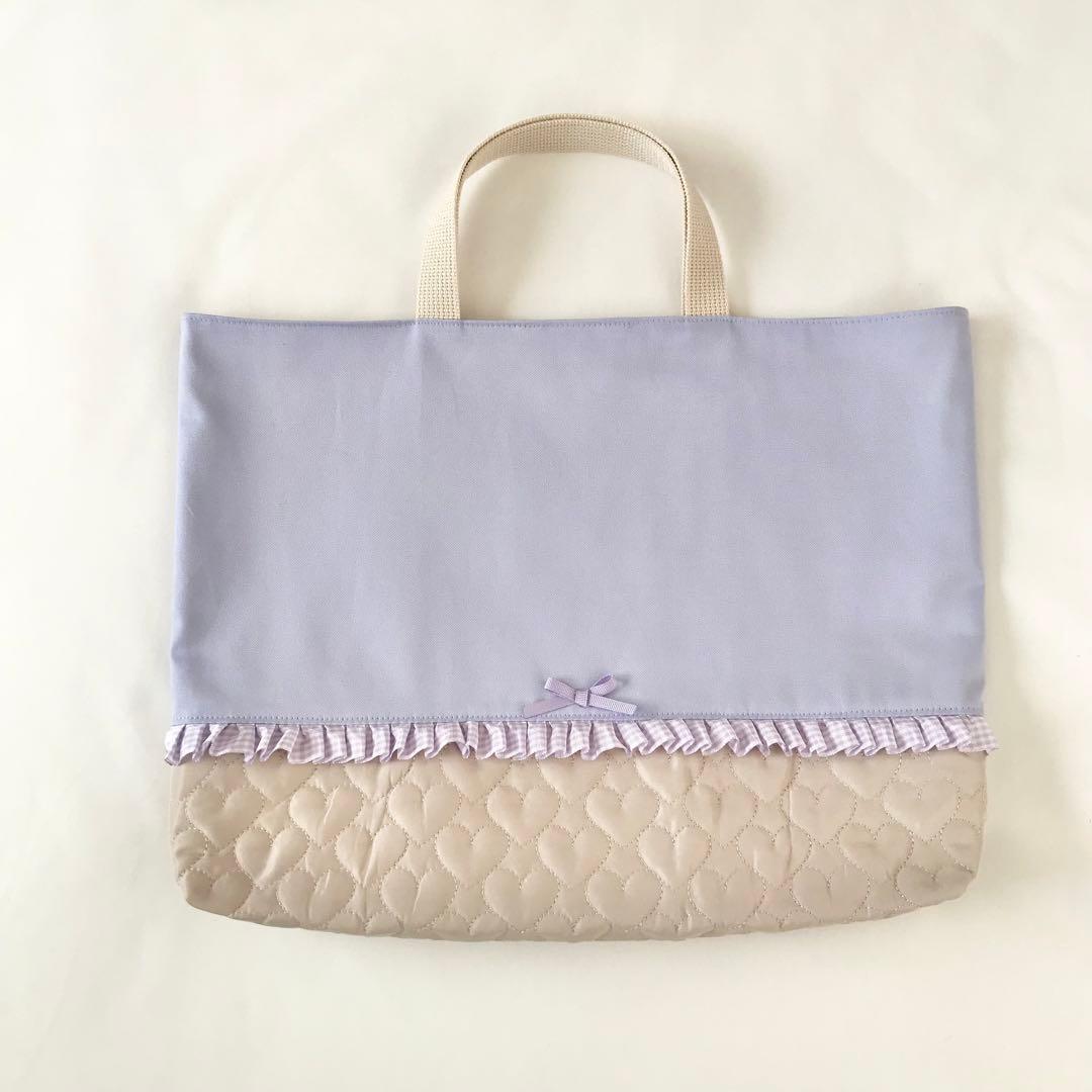 入園入学4点セット　ハートキルティング　ラベンダー　ライトベージュ　お着替え袋Ｍ
