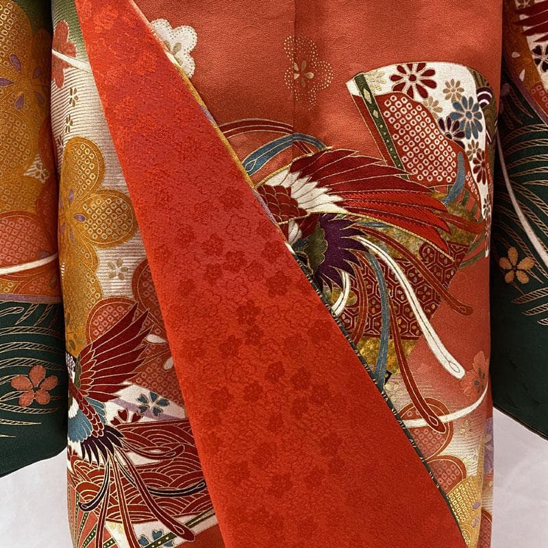 504ag79◎七五三 七歳 女児 着物&袋帯&長襦袢 鳳凰扇梅 金彩 刺繍◎