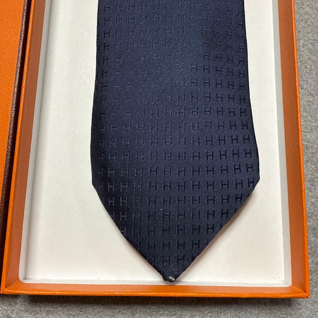 エルメス　ネクタイ　紺ネイビー　H柄H織ファソネ