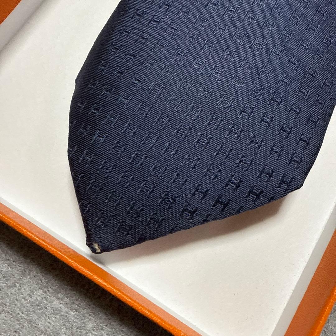 エルメス　ネクタイ　紺ネイビー　H柄H織ファソネ