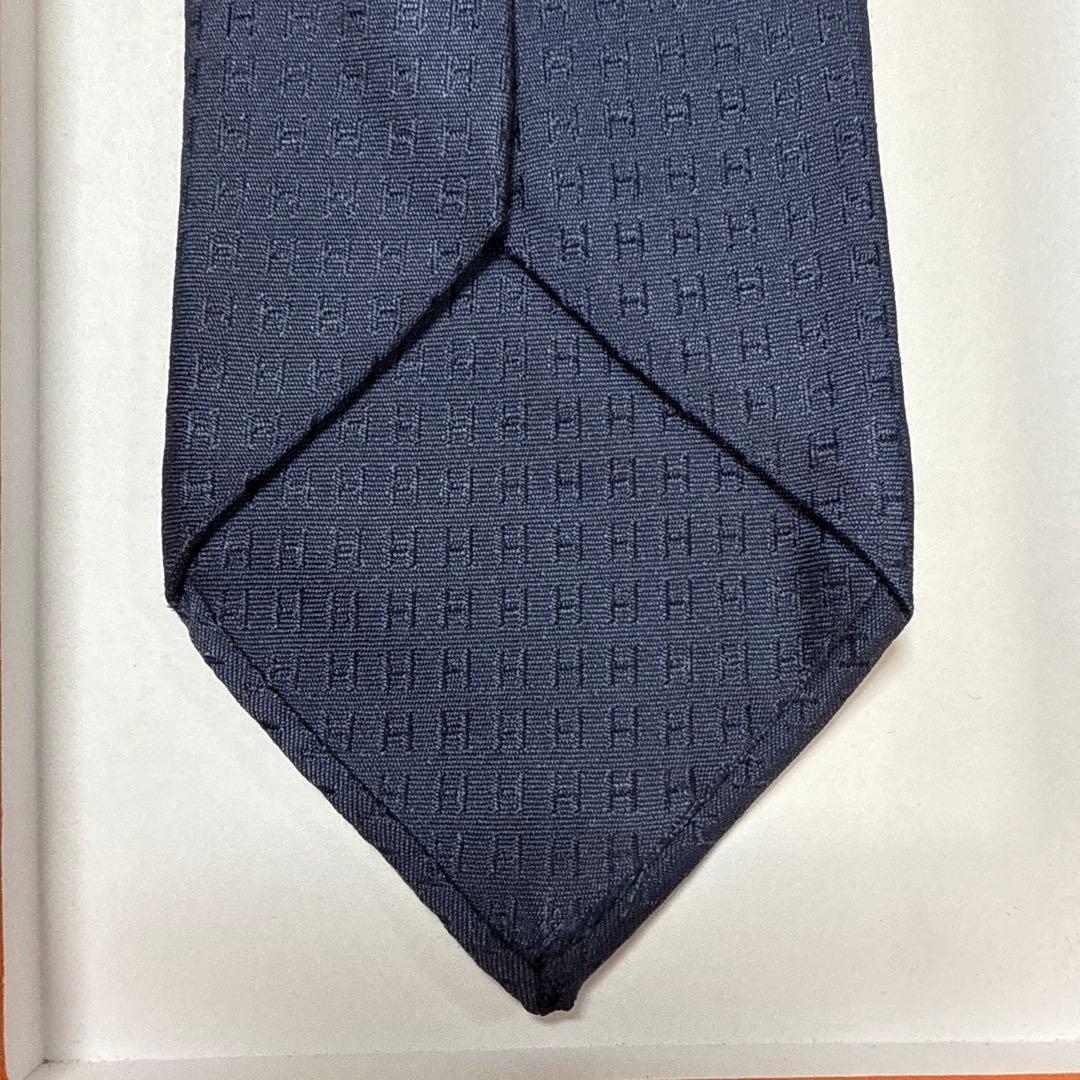 エルメス　ネクタイ　紺ネイビー　H柄H織ファソネ