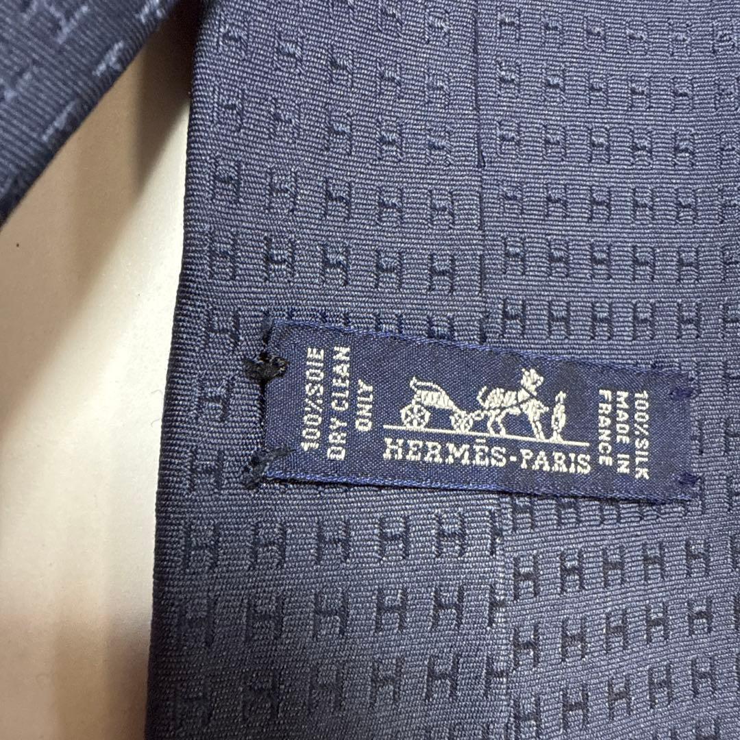 エルメス　ネクタイ　紺ネイビー　H柄H織ファソネ