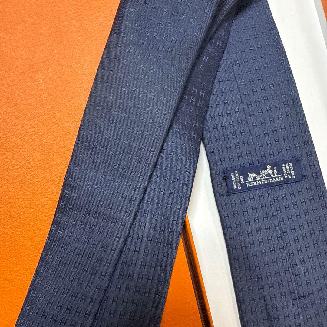 エルメス　ネクタイ　紺ネイビー　H柄H織ファソネ