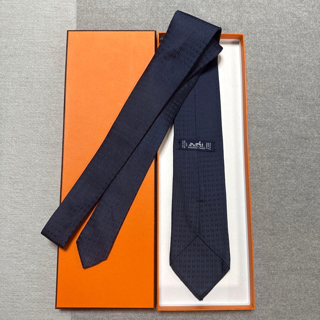 エルメス　ネクタイ　紺ネイビー　H柄H織ファソネ