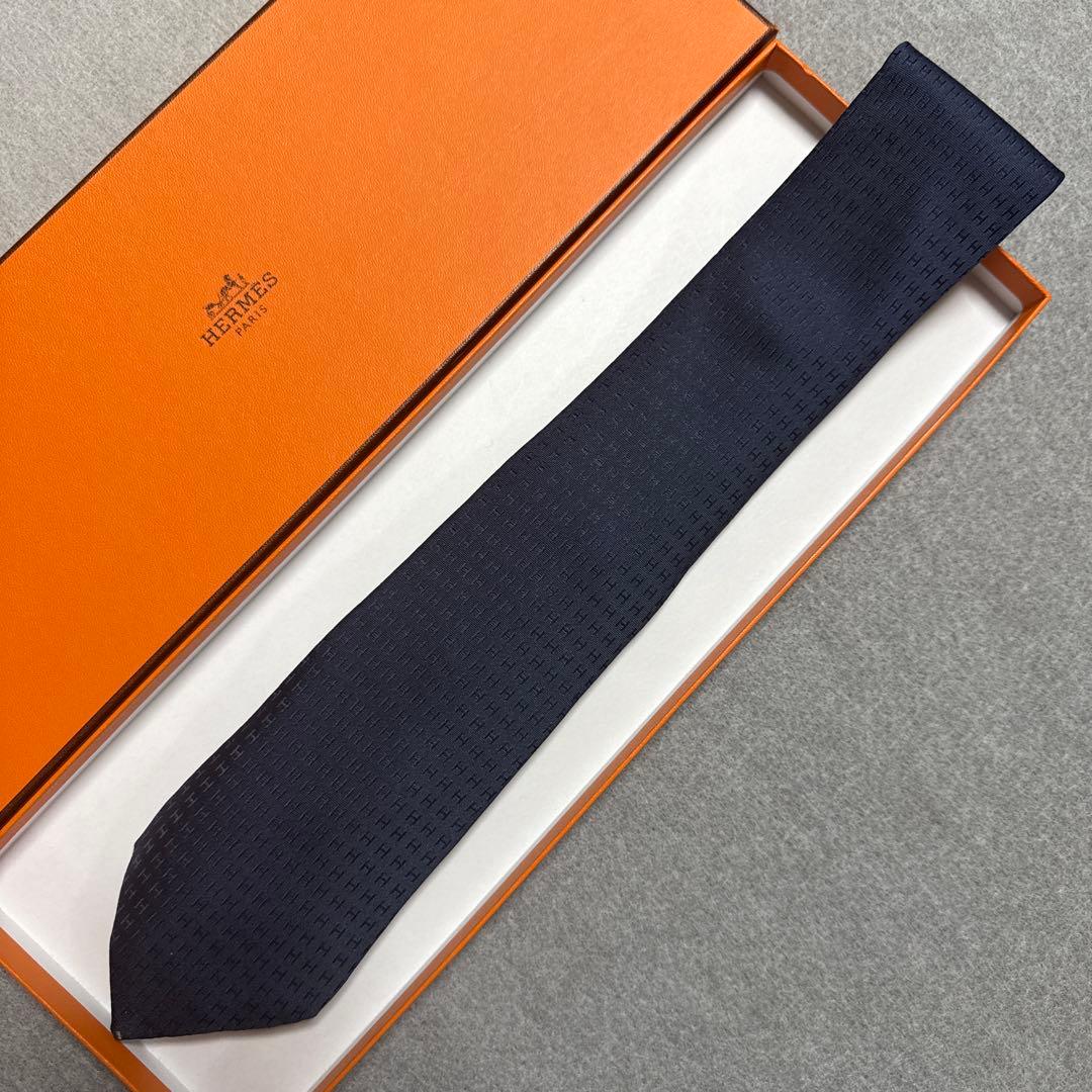 エルメス　ネクタイ　紺ネイビー　H柄H織ファソネ