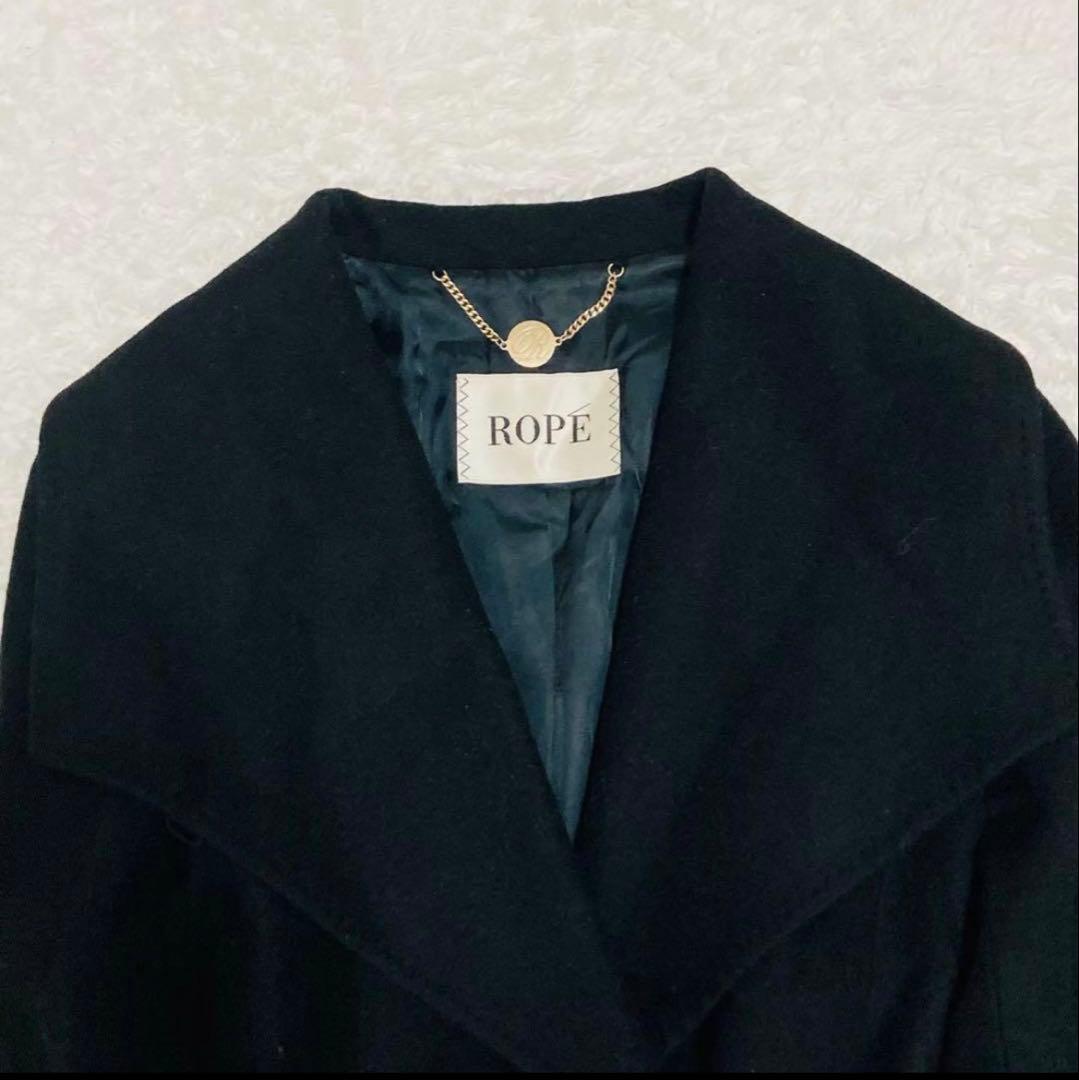 ROPE ブラック カシミヤ混　ロングコート ウエストリボン付き