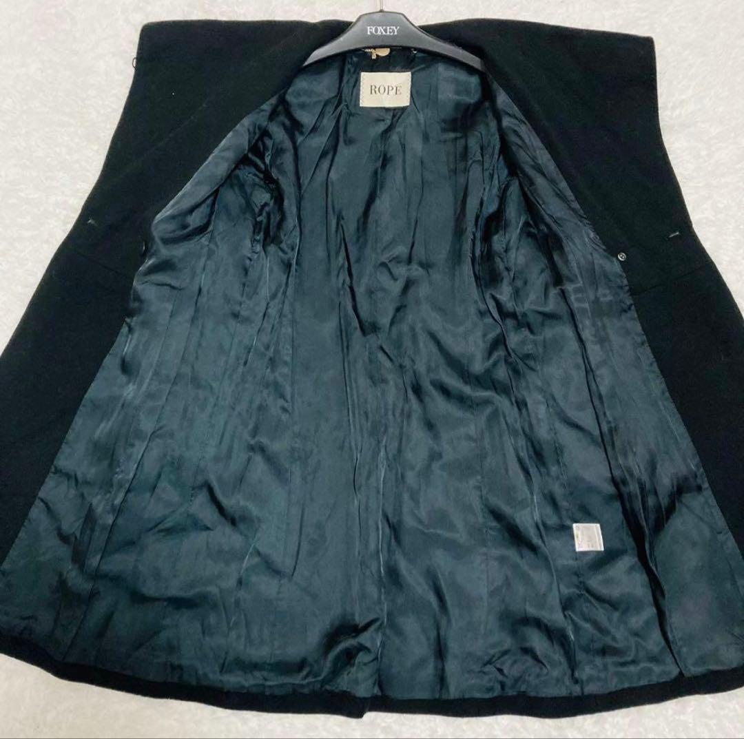 ROPE ブラック カシミヤ混　ロングコート ウエストリボン付き