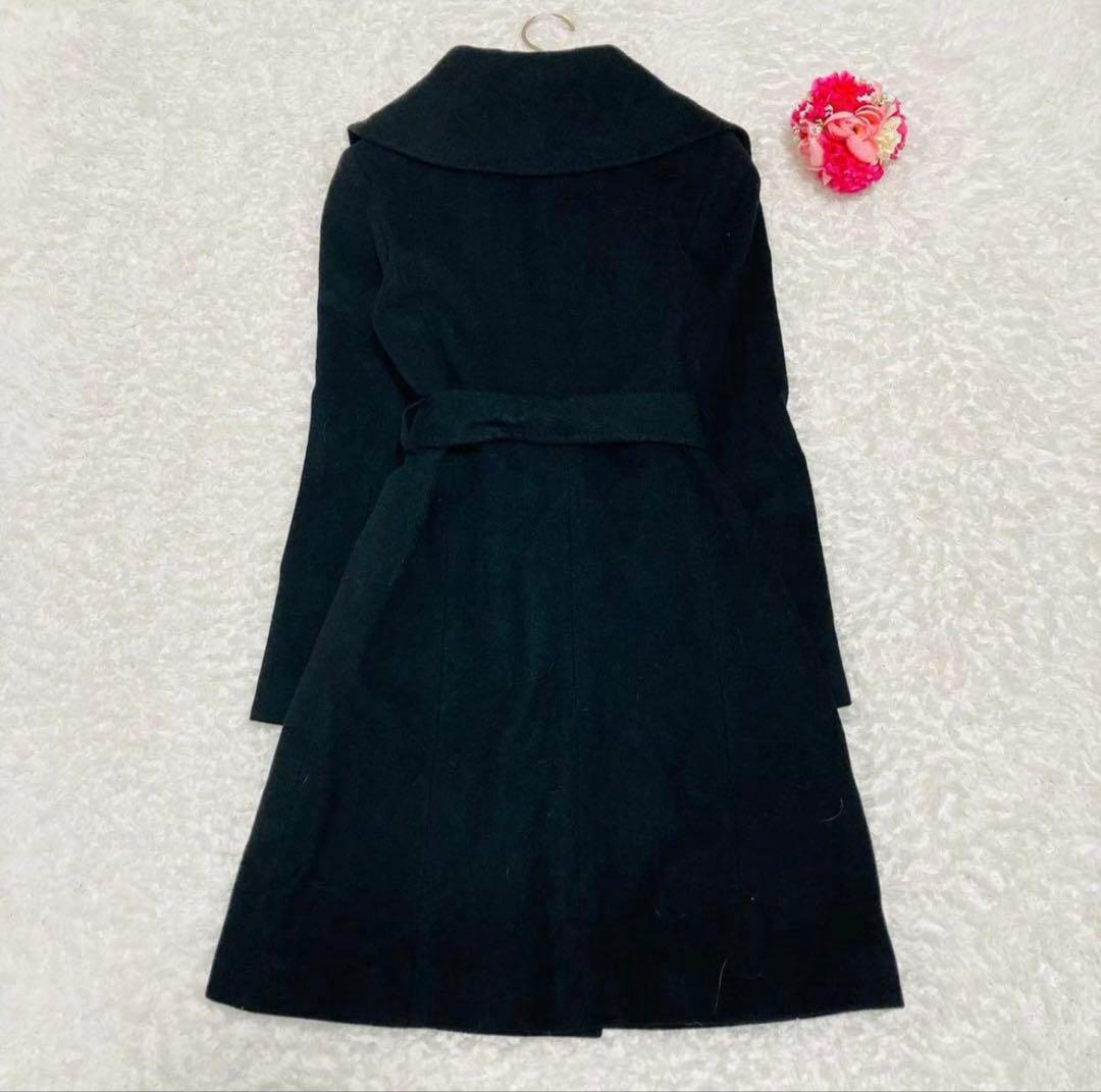 ROPE ブラック カシミヤ混　ロングコート ウエストリボン付き