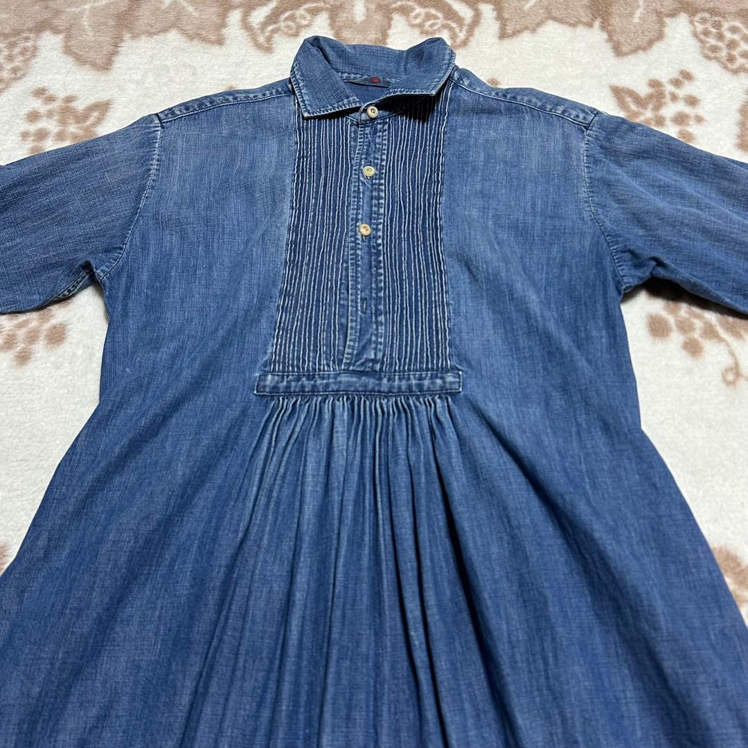 45R デニム ワンピース ピンタックR刺繍 インディゴ ティアード 藍染め 1