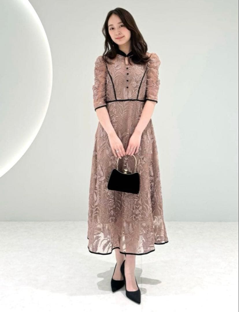 Leja 花柄チュールパフスリーブワンピースドレス　パープル