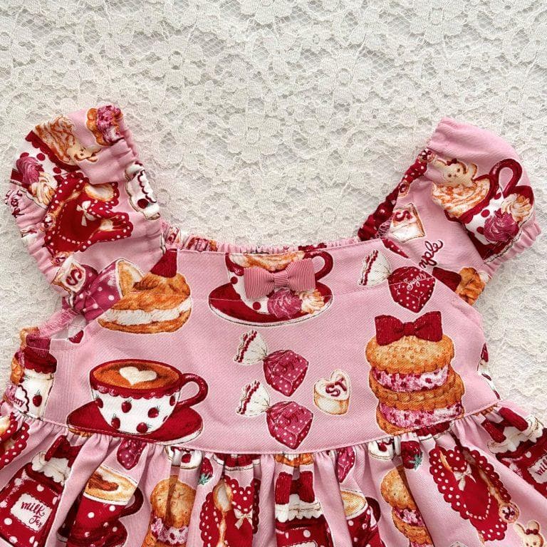 シャーリーカフェプリントワンピース・ピンク120・USED・シャーリーテンプル・