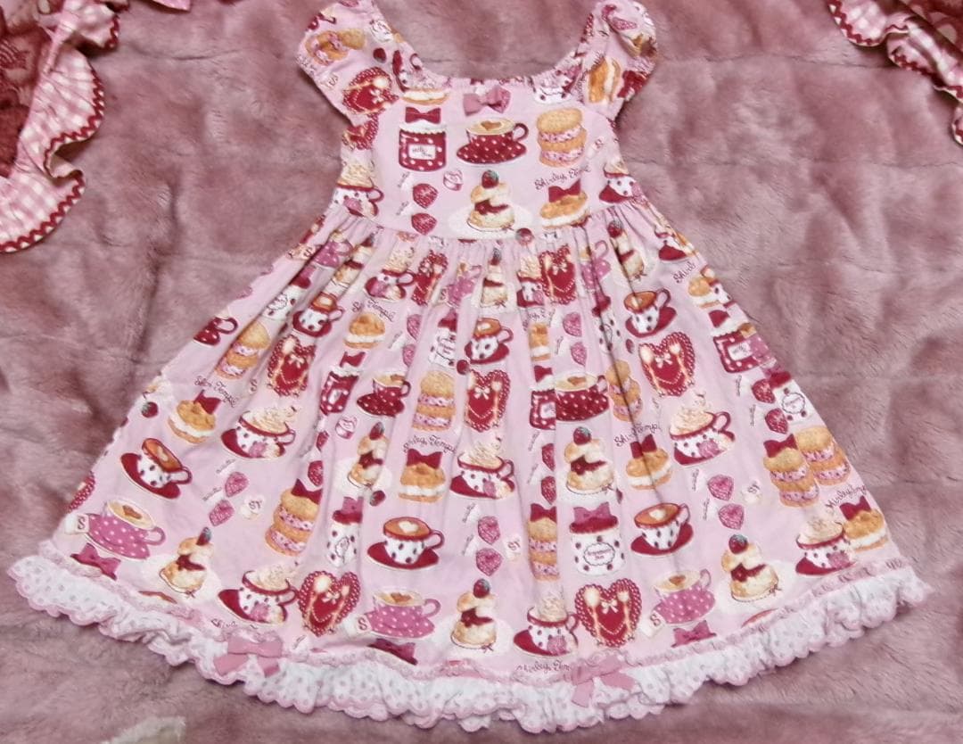 シャーリーカフェプリントワンピース・ピンク120・USED・シャーリーテンプル・