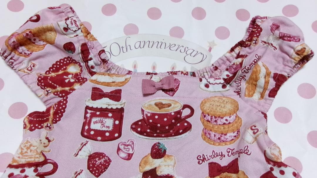 シャーリーカフェプリントワンピース・ピンク120・USED・シャーリーテンプル・