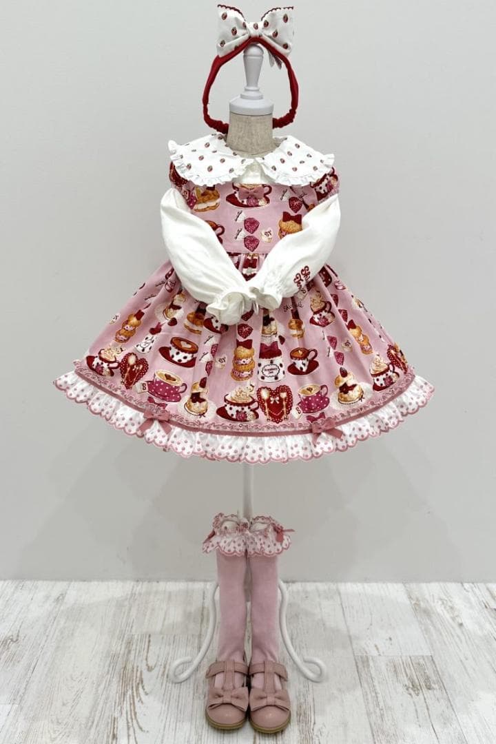 シャーリーカフェプリントワンピース・ピンク120・USED・シャーリーテンプル・