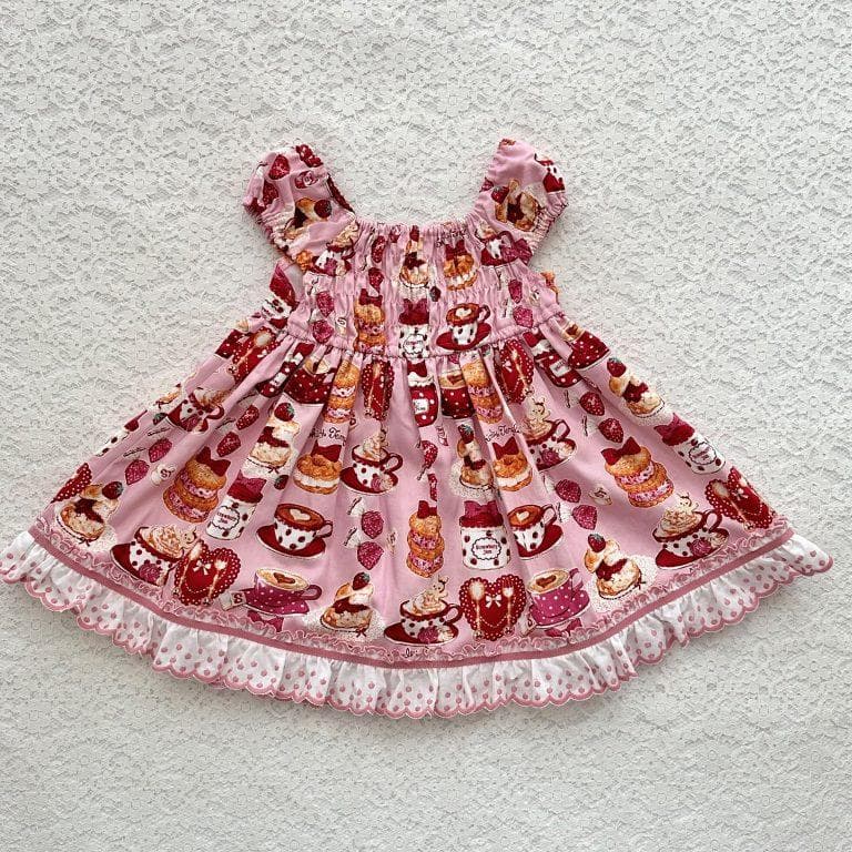 シャーリーカフェプリントワンピース・ピンク120・USED・シャーリーテンプル・