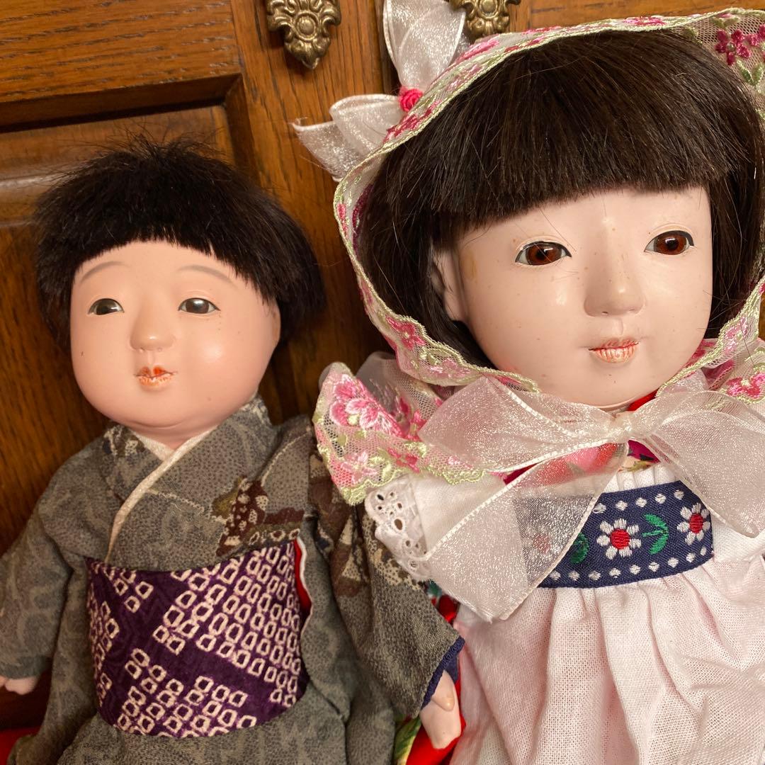 マ様おまとめ　市松人形　2体　男の子と女の子　鳴き　正絹縮緬着物