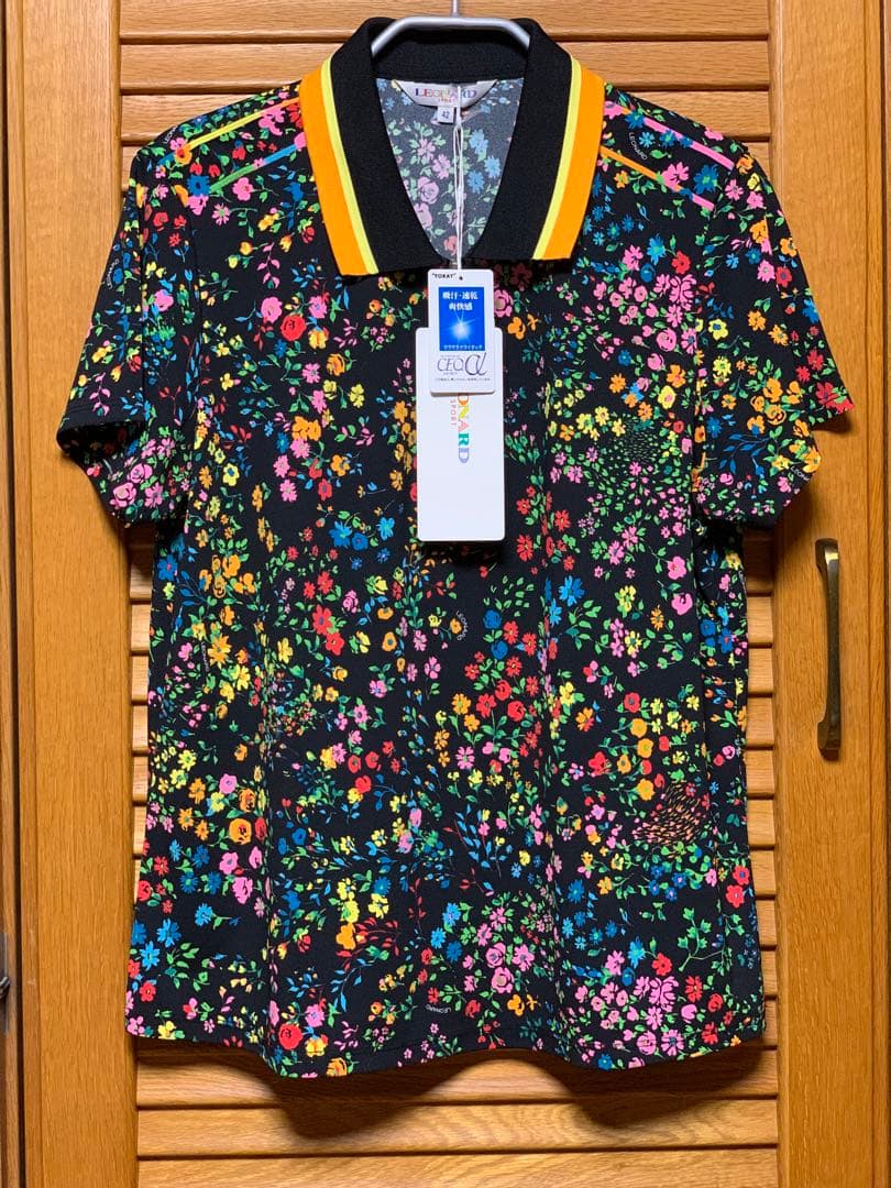 新品保管品LEONARDレオナールスポーツブラック小花柄半袖ポロシャツゴルフにも