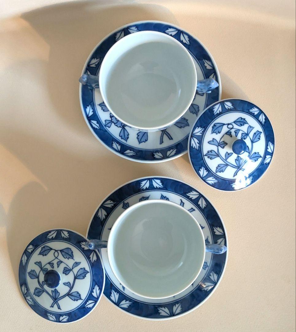 レア　有田焼　源右衛門窯　染付牡丹絵　スープ碗　蒸碗　煮物碗　取鉢　受皿　2客組