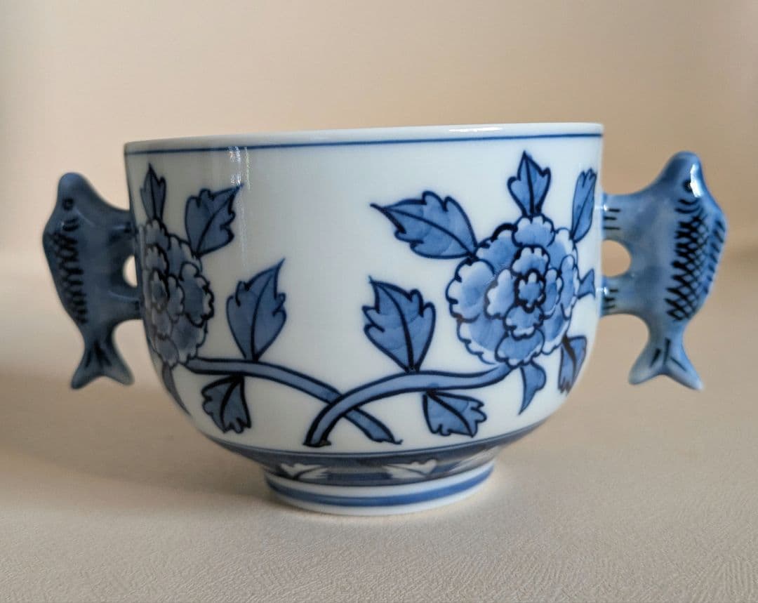 レア　有田焼　源右衛門窯　染付牡丹絵　スープ碗　蒸碗　煮物碗　取鉢　受皿　2客組