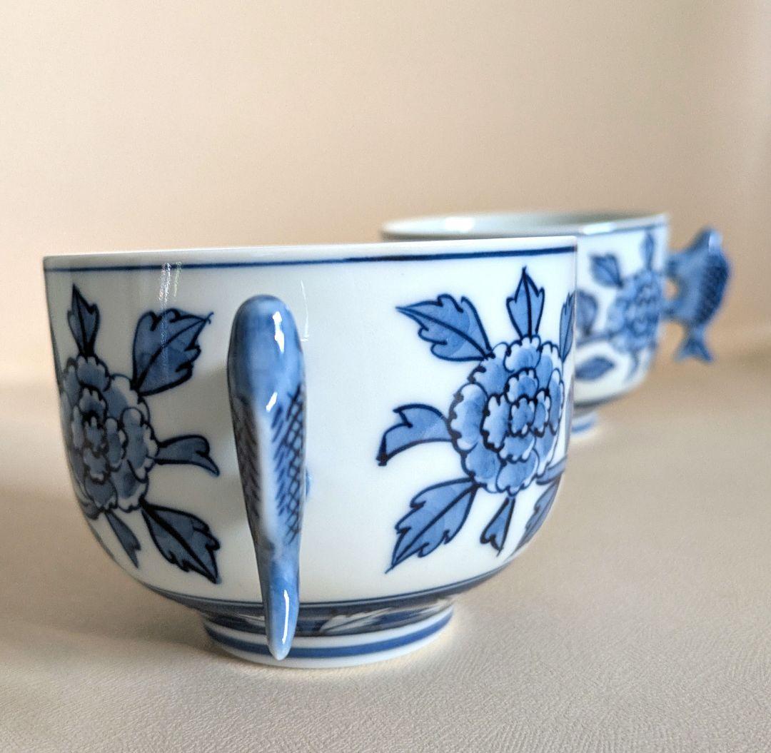 レア　有田焼　源右衛門窯　染付牡丹絵　スープ碗　蒸碗　煮物碗　取鉢　受皿　2客組