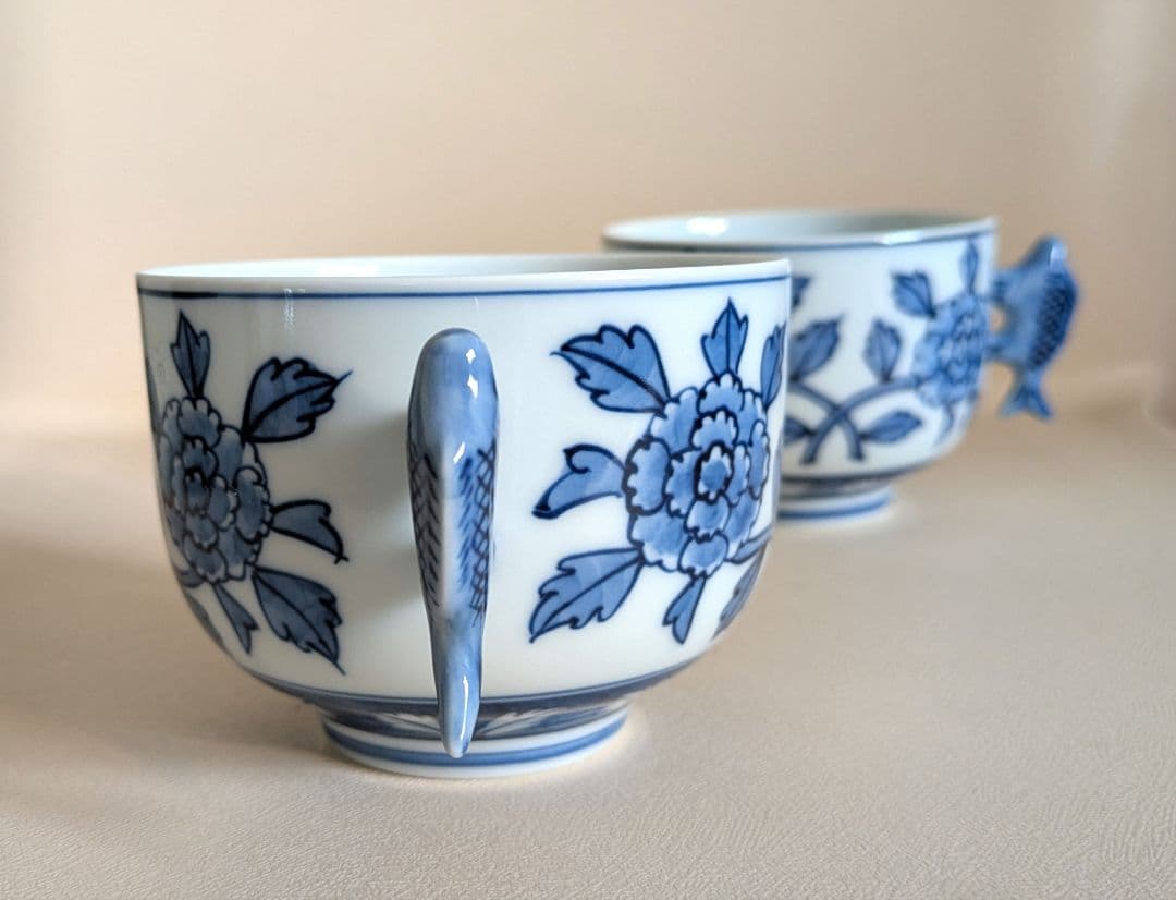 レア　有田焼　源右衛門窯　染付牡丹絵　スープ碗　蒸碗　煮物碗　取鉢　受皿　2客組