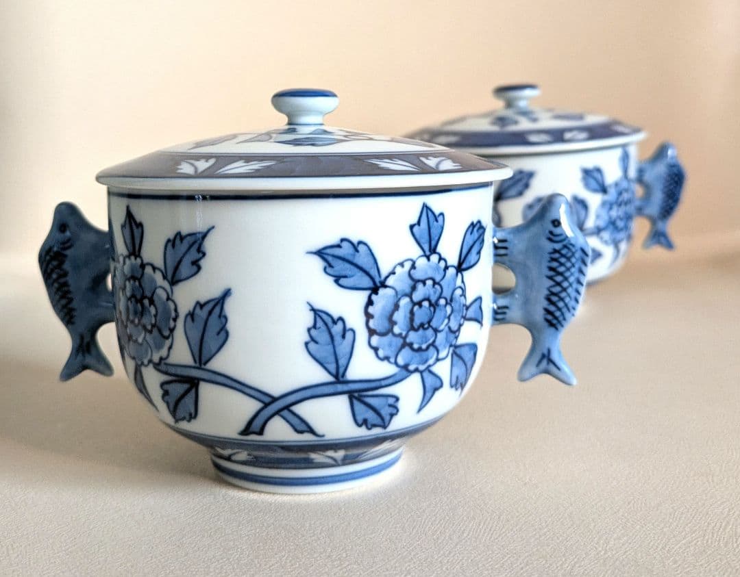 レア　有田焼　源右衛門窯　染付牡丹絵　スープ碗　蒸碗　煮物碗　取鉢　受皿　2客組