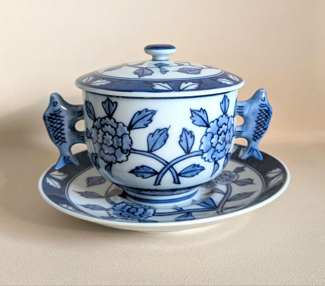 レア　有田焼　源右衛門窯　染付牡丹絵　スープ碗　蒸碗　煮物碗　取鉢　受皿　2客組