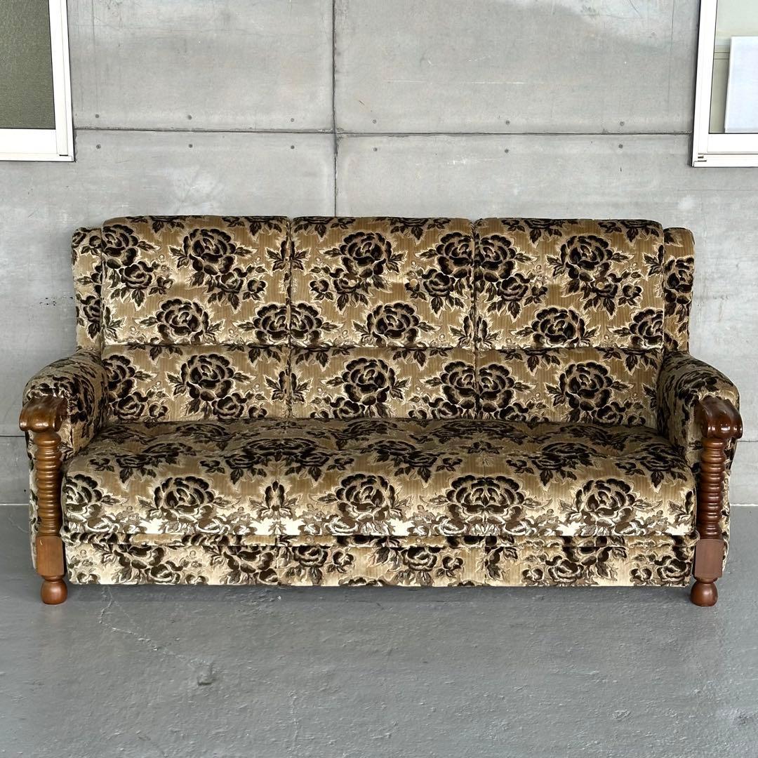 ✦昭和レトロ✦ 花柄モケット 3人掛けソファ 木製アンティーク調 応接ソファー