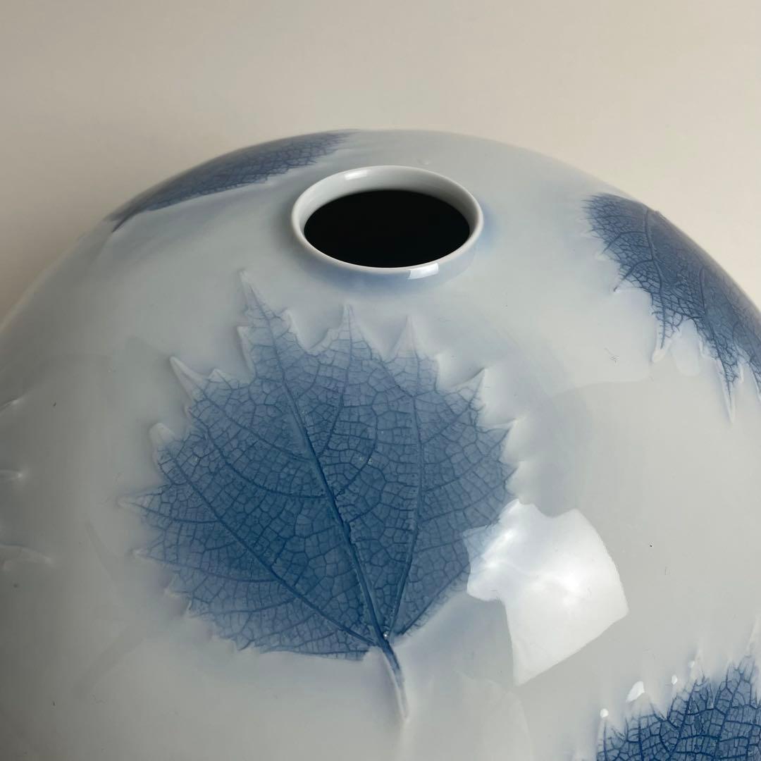 京都 有田 名工 藤井朱明 若葉図 壺 花瓶 花器 陶芸日展作家