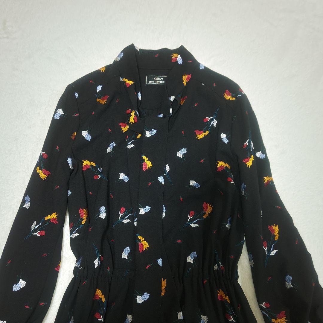 グレースコンチネンタル ボウタイ ティアード ロングワンピース 刺繍 花柄