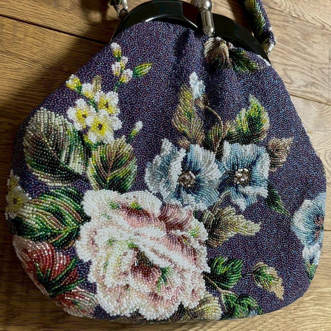 ビンテージ　ビーズバッグ　がま口　花柄　総柄　昭和レトロ　着物　和装