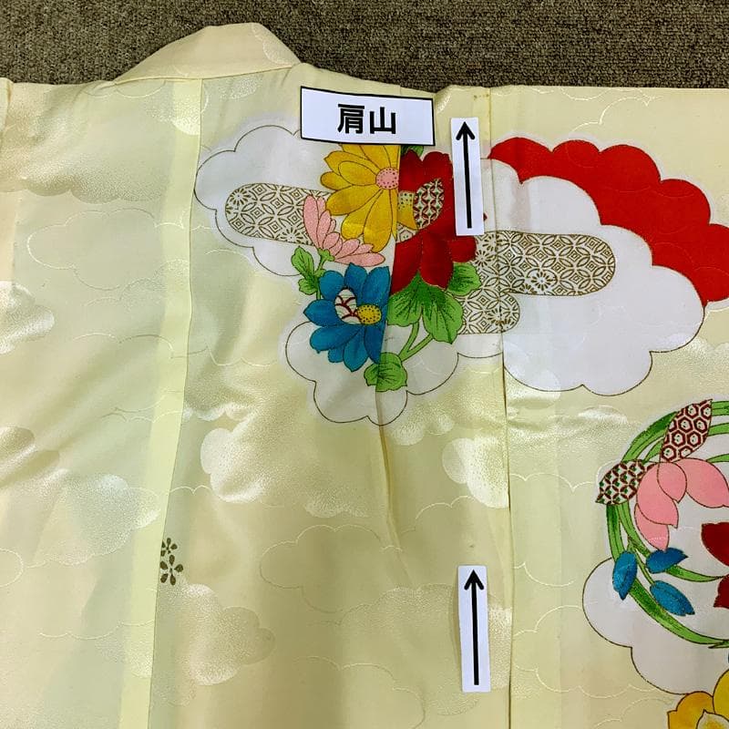 506ag1□七五三 七歳 女児 着物&袋帯&長襦袢 金彩 金糸 花丸文□良好