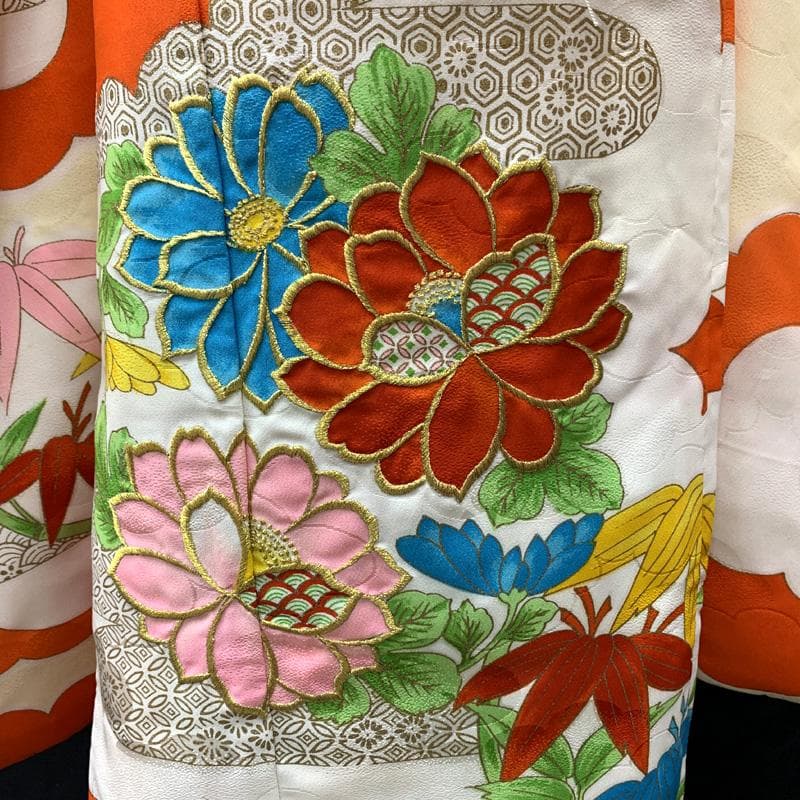 506ag1□七五三 七歳 女児 着物&袋帯&長襦袢 金彩 金糸 花丸文□良好