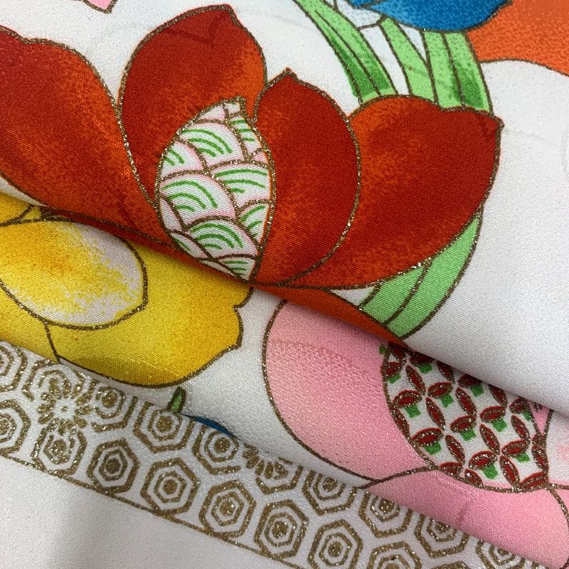 506ag1□七五三 七歳 女児 着物&袋帯&長襦袢 金彩 金糸 花丸文□良好