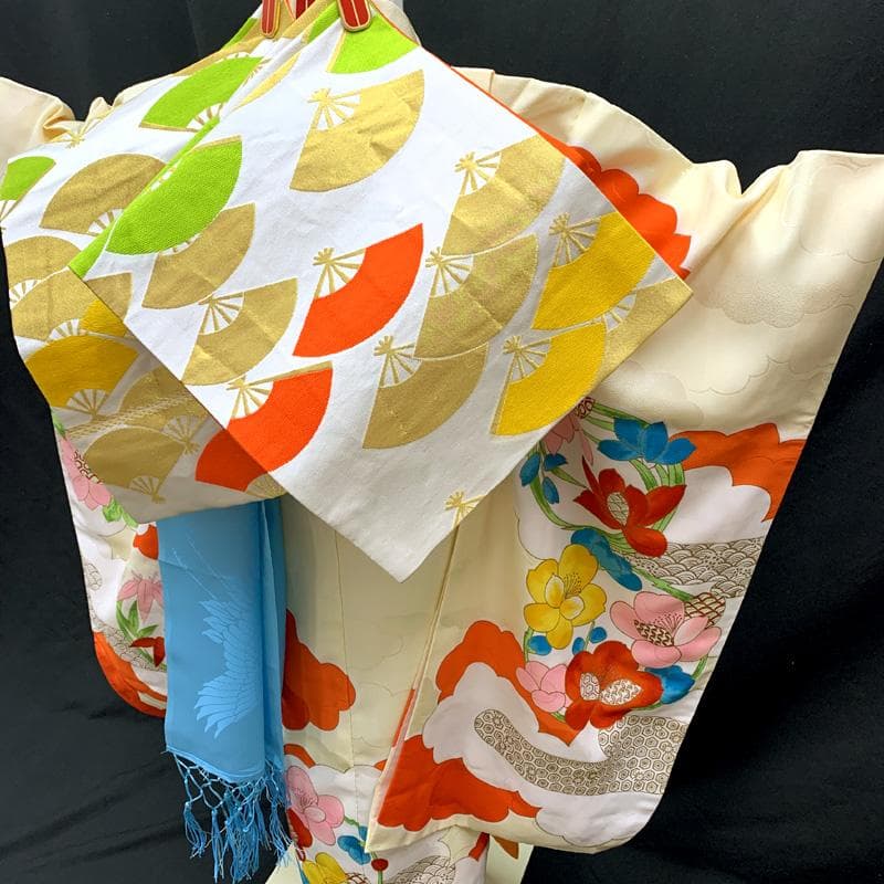 506ag1□七五三 七歳 女児 着物&袋帯&長襦袢 金彩 金糸 花丸文□良好