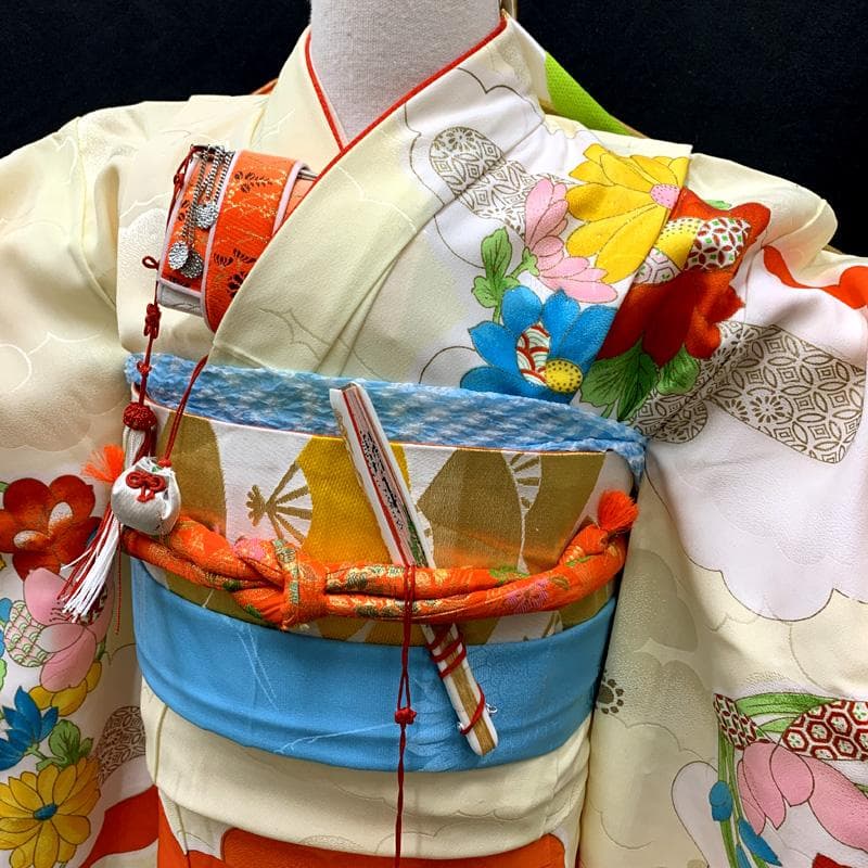 506ag1□七五三 七歳 女児 着物&袋帯&長襦袢 金彩 金糸 花丸文□良好